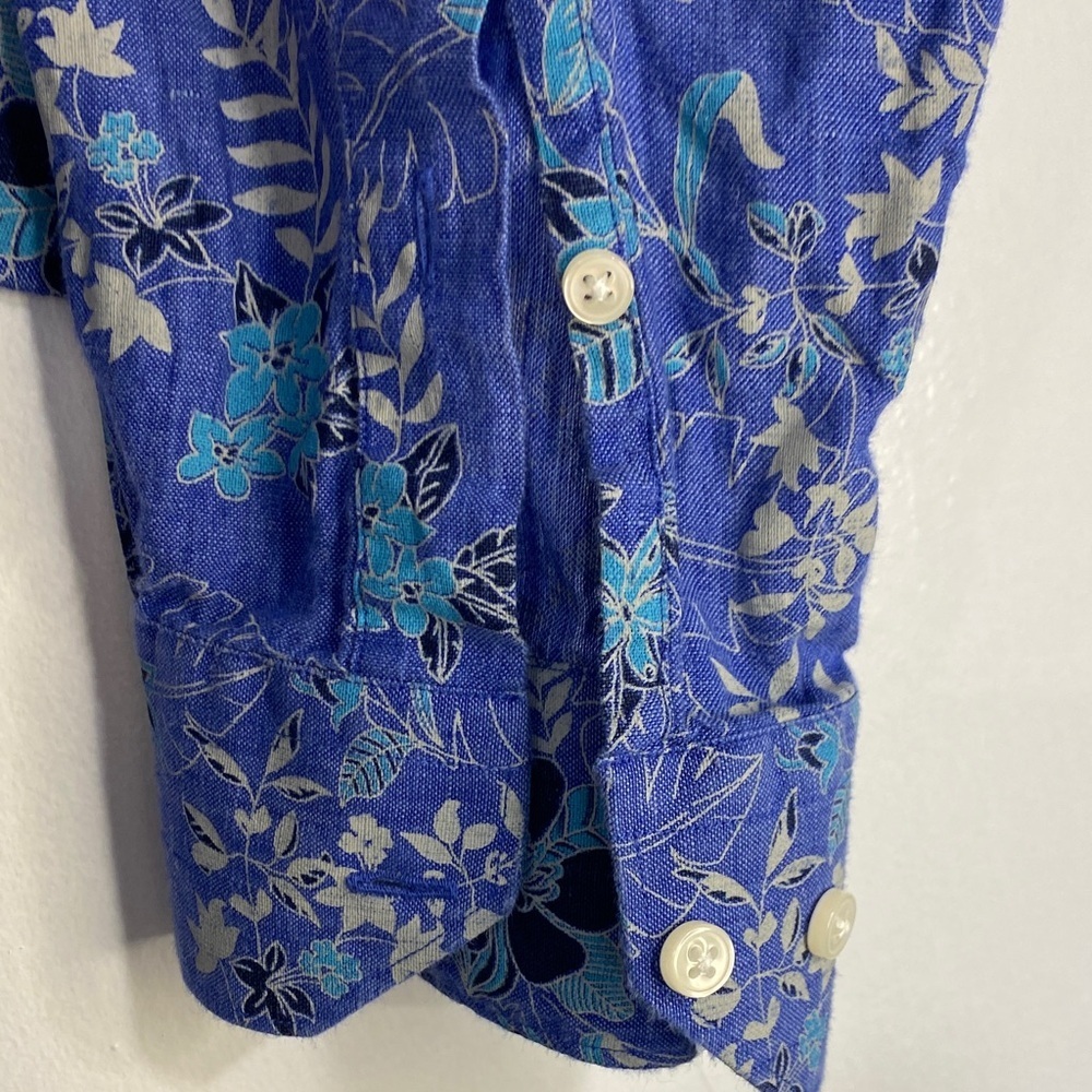 Linen Tropical Floral Shirt Buttondown Resortwear Modern Contemporary Blue Small - Picture 5 of 9
